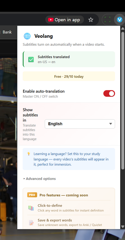 The Enable auto-translation toggle in the Veolang popup